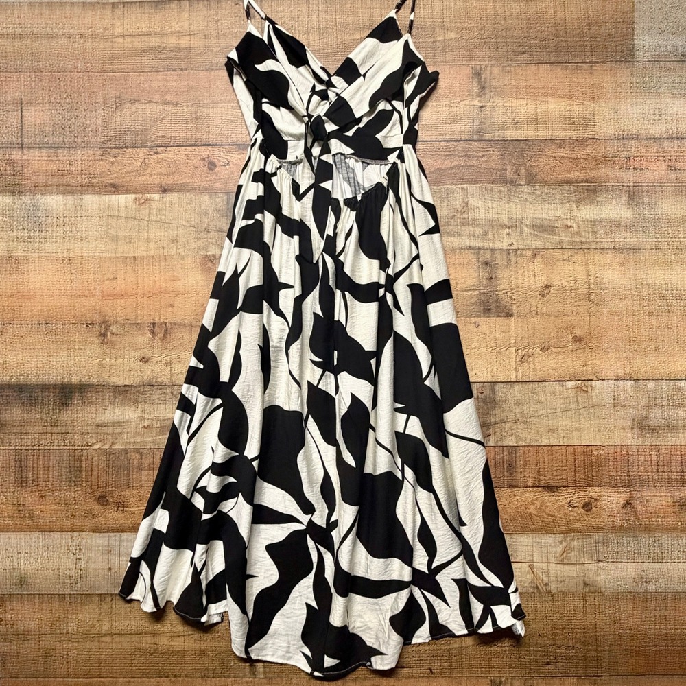 Cupshe Black White Abstract Leaf Print Tie Front Cutout Midi Dress XL